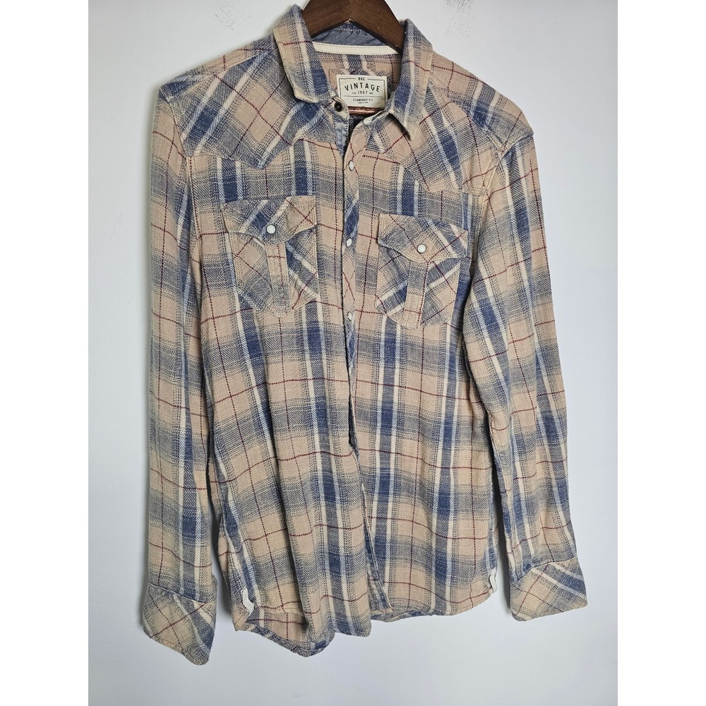 Western BKE Vintage Flannel Shirt Mens Medium Tan Blue Plaid Pearl Snap V295FPW
